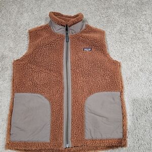 Patagonia Kids Retro X Rust Brown Sherpa Fleece Vest with Tan Trim